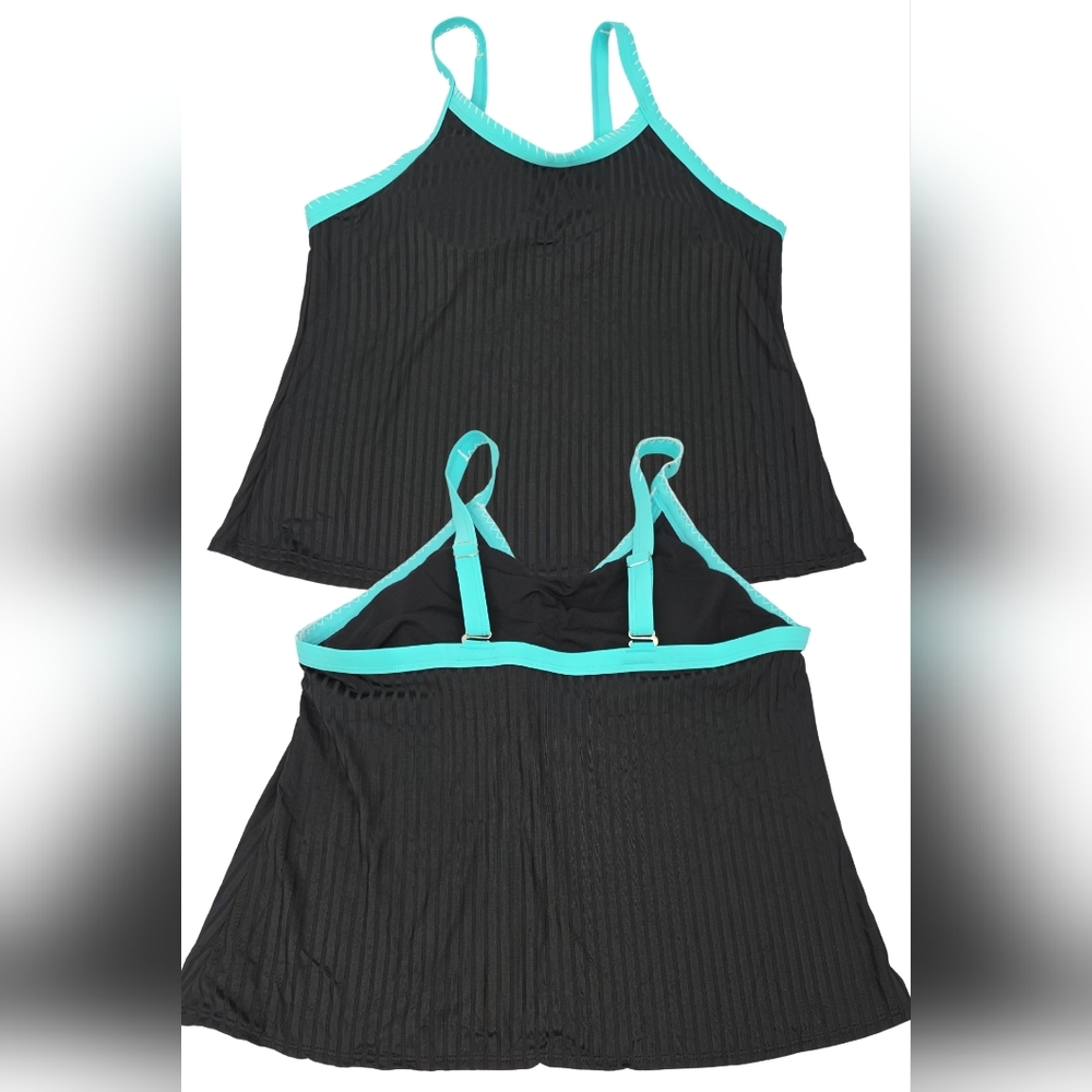 Shein 3X Black & Teal Ribbed Tankini Top W/White Stitched Trim 2154-X